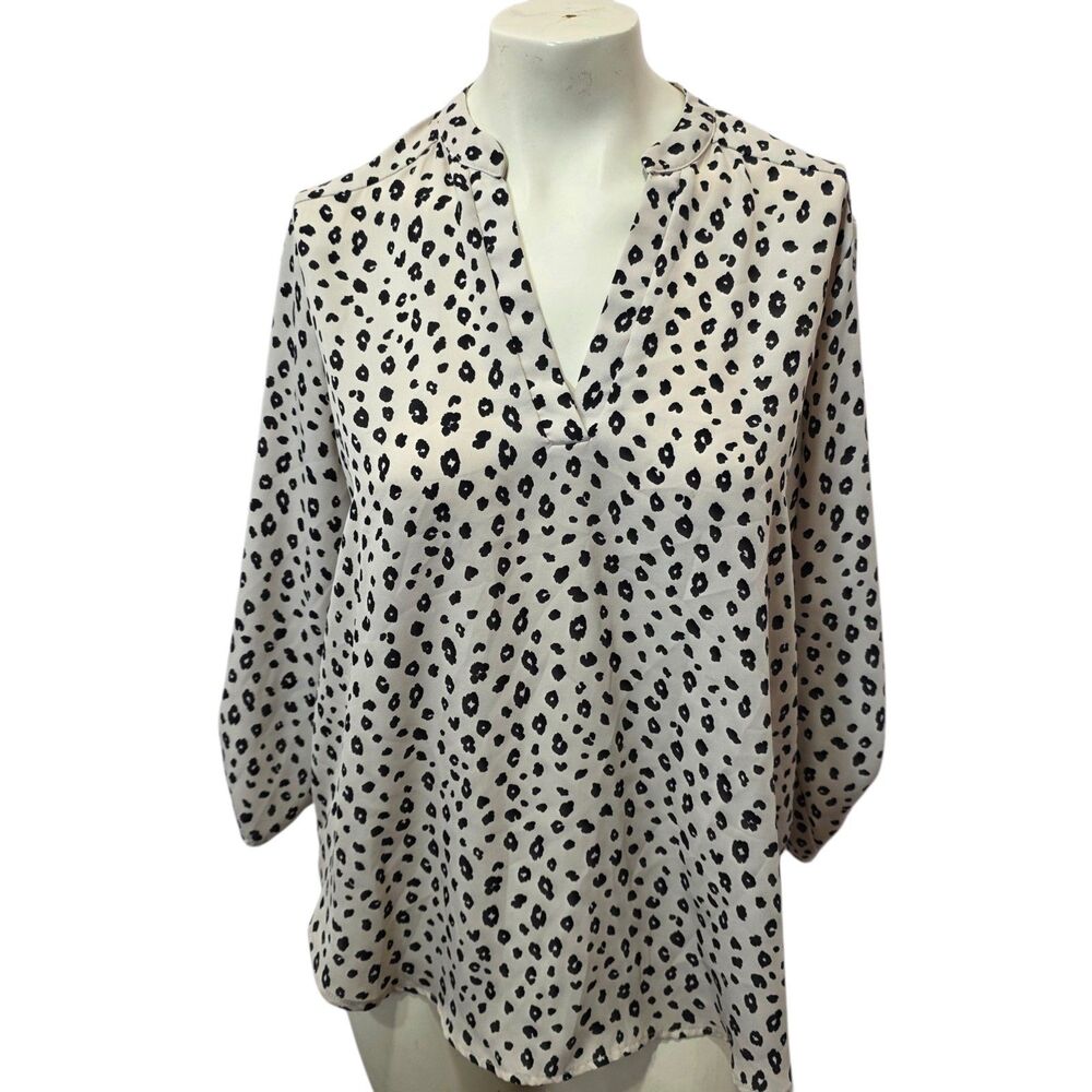 Lush Leopard Print Blouse Size 12 Cream Black V Neck Roll Tab Sleeve Top